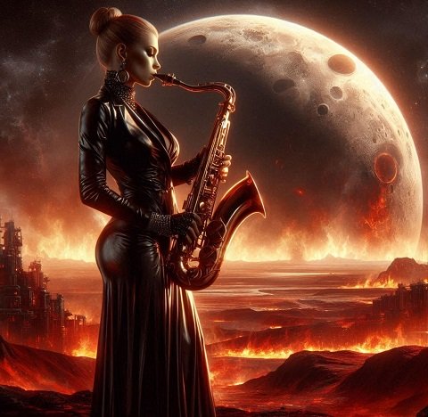 ilustratie generata AI, femeie frumoasa imbracata cu rochie lunga de piele, cu maneca lunga, purtand margele si cercei lungi, in timp ce canta la saxofon intr-un cadru apocaliptic, langa o planeta si un peisaj in flacari
