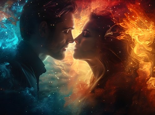 ilustratie generata AI, cuplu tanar intr-un cadru fantastic, cosmic, partener imbracat cu camasa, inconjurat de lumini albastre, in timp ce se pregateste sa-si sarute partenera care are capul inconjurat de lumini similare unor flacari 
