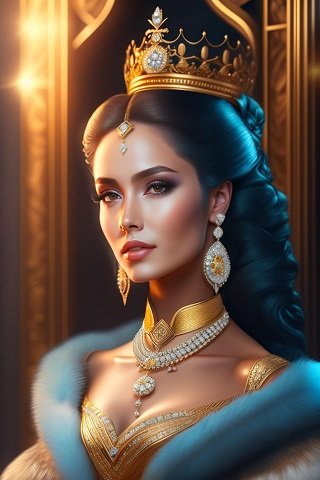 ilustratie generata AI, regina imbracata cu rochie aurie, decoltata, decorata cu blana albastra, purtand colier opulent auriu cu alb, cercei lungi de pietre pretioase albe si galbene si coroana aurie, in timp ce se afla intr-un spatiu interior dintr-un castel