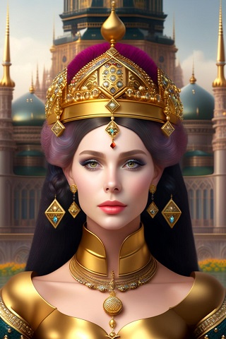 ilustratie generata AI, regina imbracata cu rochie verde cu ornamente aurii metalice, cu colier auriu la gat, cu crcei lungi aurii, purtand in par ornamente romburi aurii si o coroana cu auriu si mov pe cap, intr-u cadru in aer liber de langa un castel din Orient