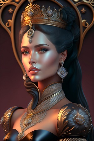 ilustratie generata AI, printesa ganditoare, imbracata cu rochie tip armura neagra, cu ornamente aurii, cu colier lat la gat, cu cercei lungi din pietre pretioase albe si cu coroana aurie cu un ornament ce atarna pe frunte