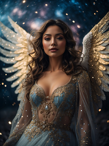 ilustratie generata AI, femeie frumoasa, zambitoare, cu aripi de inger albe cu auriu, imbracata intr-o rochie de voal bleu, decoltata,decorata cu broderii si cu pietre aurii, stand intr-un cadru celest