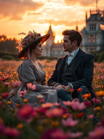 ilustratie generata AI, cuplu tanar aristocrat, partenera imbracata cu rochie gri si cu palarie pe cap privindu-si in ochi si tinandu-si de mana partenerul imbracat cu costum gri inchis, in timp ce stau impreuna, la apusul soarelui, pe o pajiste plina de flori din preajma unui castel