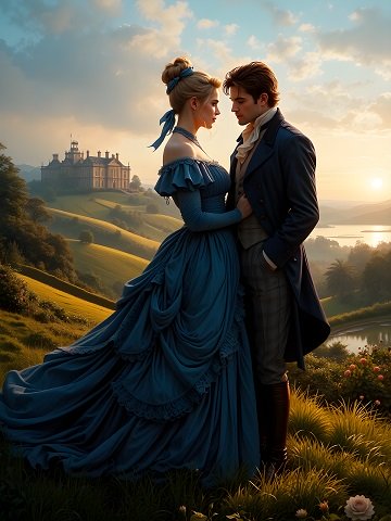 ilustratie generata AI, cuplu tanar in perioada victoriana, partenera imbracata cu rochie lunga albastra stand in fata partenerului ei, imbracat cu costum in carouri si cu haina bleumarin, aflandu-se intr-un cadru natural, pe o pajiste cu flori de pe care se vede in zare un castel 