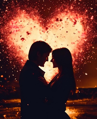 ilustratie generata AI, parteneri de cuplu imbratisandu-se si zambindu-si unul altuia intr-un cadru nocturn, deasupra lor fiind conturul unei inimi de lumina