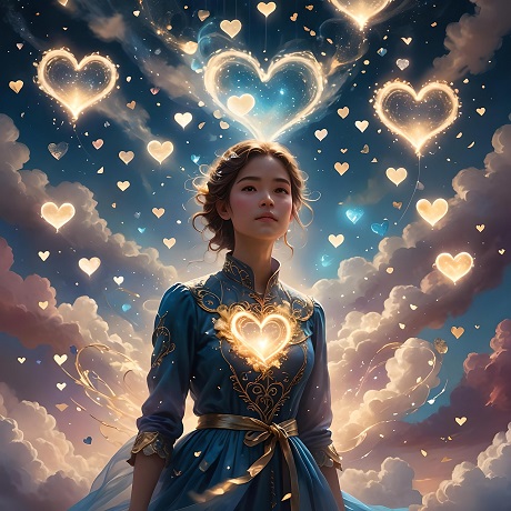 ilustratie generata AI, femeie tanara imbracata cu rochie albastra, avand pe piept o inima de lumina aurie si fiind inconjurata si de alte inima de lumina aurie intr-un cadru celest, cu nori