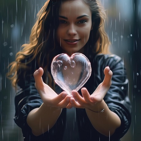 ilustratie generata AI, femeie tanara zambitoare, imbracata cu jacheta de piele, incercand sa tina in maini o inima de lumina roz transparenta in timp ce este inconjurata de ploaie
