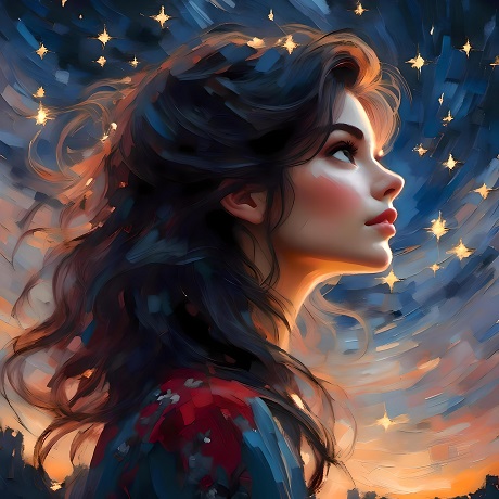 ilustratie generata AI tip pictura, femeie tanara, frumoasa, cu parul lung, saten, imbracata cu o bluza sau cu o rochie albastra cu rosu, privind in sus spre cerul instelat