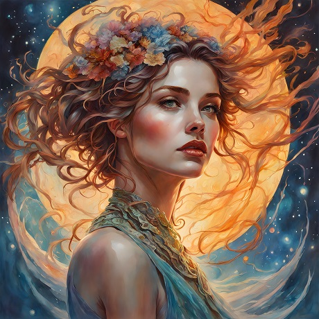 ilustratie generata AI, femeie tanara, frumoasa, imbracata cu rochie bleu cu umerii dezgoliti, avand pe cap un ornament din flori colorate, intr-un cadru cosmic, stelar, cu luna plina