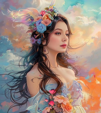 ilustratie generata AI, femeie tanara, frumoasa, cu parul lung, imbracata cu rochie in culori pastelate cu umerii dezgoliti,avand flori in mana, purtand pe cap un ornament de flori cu aripi de inger si aflandu-se intr-un cadru cu nori colorati si cer senin
