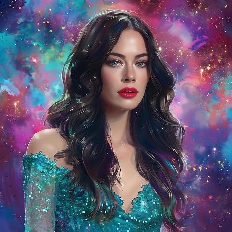 ilustratie generata AI, femeie frumoasa, cu parul lung, negru,cu rochie turcoaz stralucitoare, decoltata, aflandu-se intr-un cadru cosmic, cu cerul instelat, in diverse nuante 