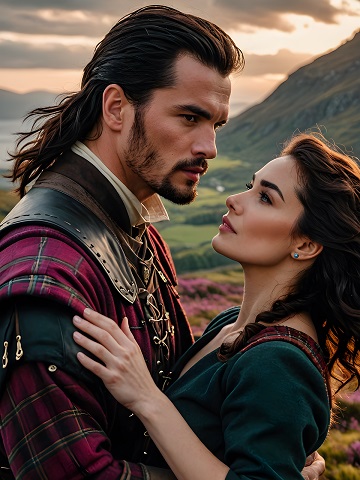 ilustratie generata AI, femeie frumoasa imbracata in rochie verde inchis privindu-si partenerul si incercand sa-l imbratiseze, acesta fiind imbracat cu haina visiinie in carouri si vesta de piele, amandoi stand intr-un cadru dintr-o zona de munte