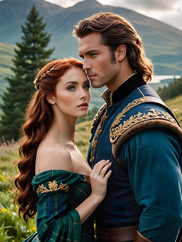 ilustratie generata AI, femeie cu parul roscat, imbracata cu rochie verde cu carouri, cu ornament auriu, care este imbratisata de partenerul ei, imbracat in verde-albastru, cei doi parteneri stand fara sa se priveasca in ochi pe o pajiste la munte