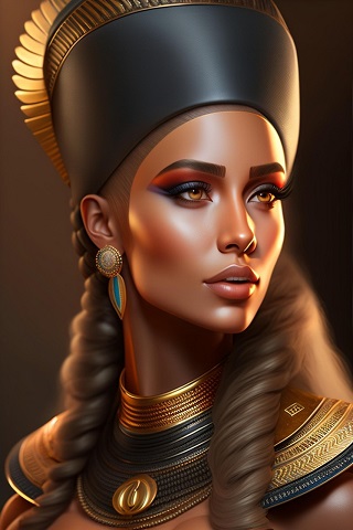 ilustratie generata AI, portret de femeie frumoasa, cu tenul masliniu, imbracata cu armura si avand pe cap un coif similar celor egipteze si purtand cercei aurii cu turcoaz