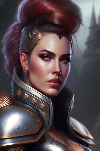 ilustratie generata AI, portret de femeie razboinica imbracata cu armura argintie cu auriu, decoltata, avand pe cap o protectie aurie