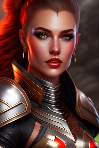 ilustratie generata AI, portret de femeie cu parul roscat, imbracata cu armura gri cu auriu si cu rosu,purtand cercei aurii