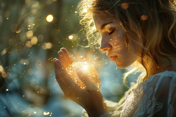 ilustratie generata AI, femeie tanara imbracata in alb, tinandu-si ochii inchisi in timp ce tine in pumni o minge de lumina, astfel incat sa fie inconjurata de o lumina vindecatoare, aurie