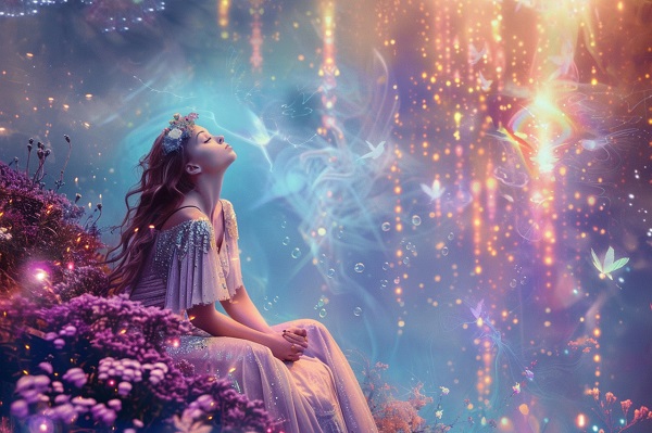 ilustratie generata AI, femeie tanara imbracata cu rochie lunga roz cu sclipici argintiu, cu coronita de flori pe cap,stand asezata pe o pajiste cu flori roz, tinand ochii inchisi pentru a astepta lumina vindecatoare, in nuante de roz si auriu, cu libelule diafane prin ea