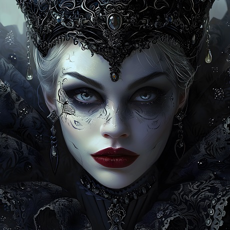 ilustratie generata AI, portret de regina cu coroana neagra pe cap, imbracata in negru, cu un guler inalt de dantela, cu cercei lungi negri si cu machiaj cu negru