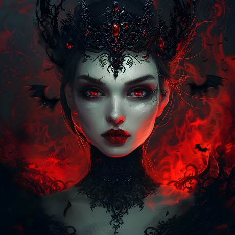 ilustratie generata AI, portret de regina tanara, cu ornament negru din dantela la gat, cu coroana neagra cu pietre rosii, cu ochii rosii, fiind inconjurata de flacari