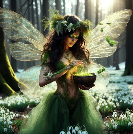ilustratie generata AI, zana cu coronita din frunze si flori albe pe cap,cu aripi transparente, purtand o rochie cu un corset de muschi verde si cu poale de tul verde, tinand in mana un vas in care se afla muschi verde vrajit, in timp ce sta in genunchi intr-o poiana cu ghiocei din padure