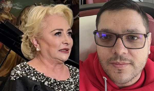 colaj imagini Viorica Dancila imbracata in rochie neagra cu margele in zona gatului, in spatele ei aflandu-se un perete pictat, si fiul ei, Victor, imbracat cu hanorac rosu, purtand ochelari si stand pe scaun intr-un autobuz