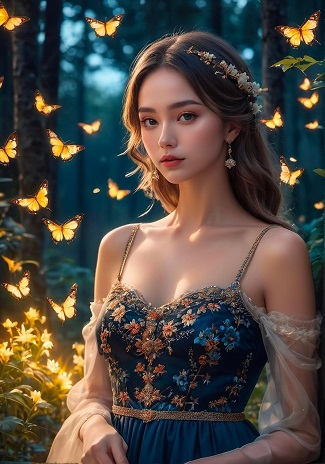 ilustratie generata AI, printesa tanara imbracata cu rochie albastra, cu ornamente florale pe corset, cu bretele aurii subtiri, cu maneci transparente albe, purtand o coronita de flori albe, stand ganditoare si fiind inconjurata de fluturi aurii intr-o padure