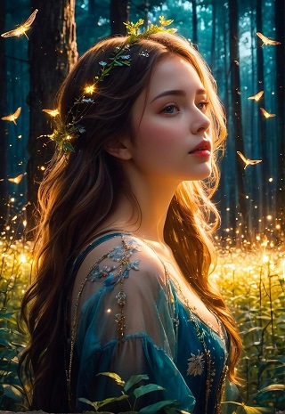 ilustratie generata AI, printesa tanara imbracata cu rochie albastra, cu ornamente aurii in zona pieptului si manecilor, cu coronita de flori albastre pe cap, fiind inconjurata de fluturi aurii in timp ce sta visatoare intr-o padure