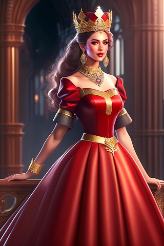 ilustratie generata AI, regina zambitoare, imbracata cu rochie rosie cu detalii aurii, cu colier si cu cercei aurii cu pietre pretioase rosii, cu coroana rosie, stand intr-o incapere dintr-un castel