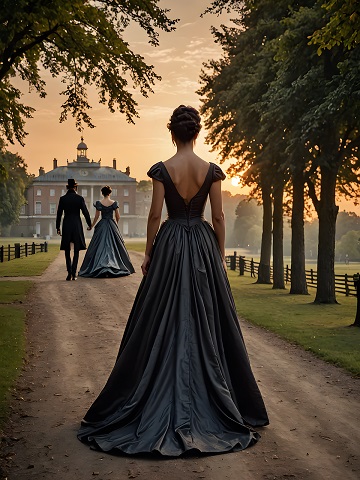 ilustratie generata AI, femeie imbracata in rochie gri inchis cu spatele gol de epoca, stand pe o alee si privind un barbat imbracat in negru, cu palarie pe cap, care tine de mana o femeie in rochie de epoca, acestia indreptandu-se spre un castel aflat intr-un spatiu cu verdeata
