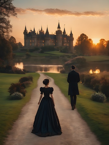 ilustratie generata AI, femeie imbracata in rochie de epoca neagra, stand pe o alee dintr-un colt de natura si uitandu-se, la apusul soarelui, la un barbat imbracat in negru care se indreapta spre un lac in fata caruia se afla un castel