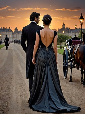 ilustratie generata AI, femeie imbracata in rochie neagra eleganta cu spatele gol, mergand in spatele unui barbat in negru ce se indreapta spre o trasura din curtea unui castel la apusul soarelui