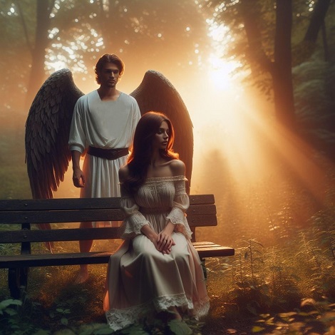 ilustratie generata AI, femeie ganditoare, imbracata in rochie alba cu umerii dezgoliti, cu maneci lungi, stand pe o banca de lemn dintr-o padure, in timp ce in spatele ei se afla ingerul pazitor, un barbat imbracat in alb cu aripi maro si lumina soarelui care patrunde printre copaci