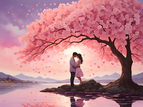 ilustratie generata AI, cuplu tanar imbratisandu-se, partenera imbracata cu rochie roz si partener cu camasa lila si pantaloni, amandoi stand pe pietre sub un copac cu flori roz pe malul unui lac dintr-o zona de munte 