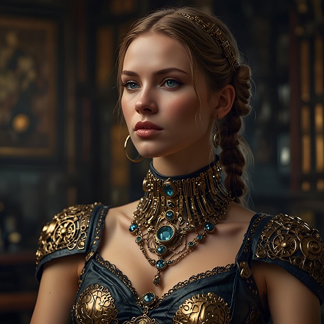ilustratie generata AI, portret de printesa razboinica, imbracata cu un corset negru decoltat, cu ornamente aurii similare unei armuri, cu umerii acoperiti cu protectii negre cu auriu, cu colier auriu cu pietre albastre si cu cercei aurii, rotunzi, stand intr-un spatiu interior dintr-un palat