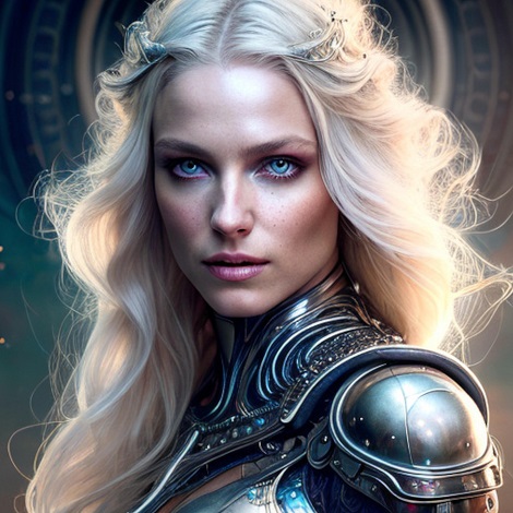 portret de femeie razboinica blonda, purtand armura argintie cu irizatii albastre