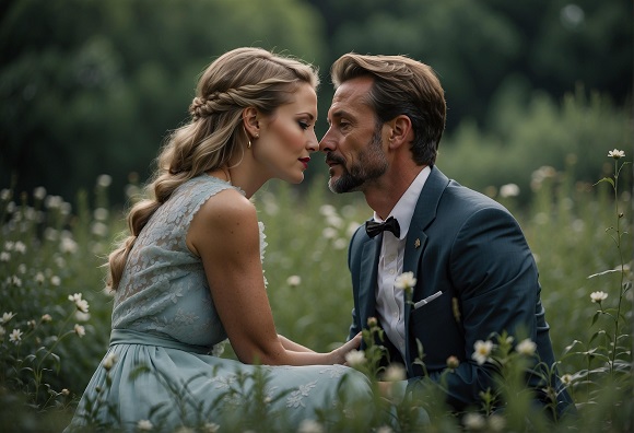 ilustratie generata AI, femeie imbracata cu rochie lunga bleu, cu dantela in partea de sus, pregatindu-se sa-si sarute partenerul, imbracat cu costum albastru-gri, cu camasa alba si papion, in timp ce amandoi stau jos, pe iarba, pe o pajiste cu flori albe