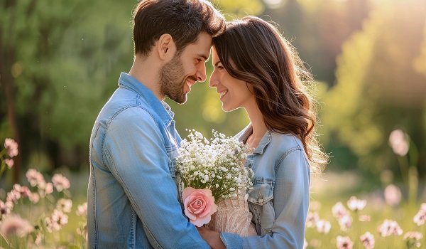 ilustratie generata AI, femeie tanara, imbracata cu geaca de blugi si tinand in brate un buchet cu flori albe si roz, stand cu fruntea lipita de cea a partenerului ei, imbracat tot cu geaca de blugi, amandoi fericiti pe un camp cu flori roz intr-o zi insorita