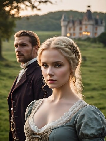 ilustratie generata AI, femeie tanara imbracata in rochie de epoca bleu, decoltata, cu dantela alba in zona decolteului, stand cu spatele la un barbat imbracat cu costum de epoca maro, cu camasa alba, amandoi aflandu-se pe o pajiste din preajma unui castel in care se vad lumini aprinse