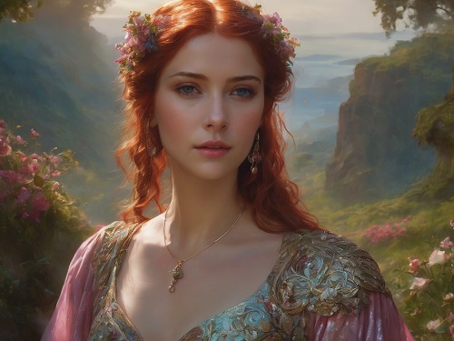 ilustratie generata AI, printesa cu parul lung roscat, cu coronita de flori roz si albastre pe cap, cu cercei si colier aurii, imbracata cu rochie roz cu ornamente aurii, stand pe o pajiste cu flori roz in spatele careia se vad munti 