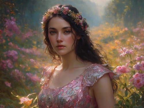ilustratie generata AI, femeie tanara, frumoasa, cu parul lung, care poarta pe cap o coronita de flori roz, imbracata cu rochie roz cu ornamente aurii si argintii, stand  pe o pajiste cu flori roz