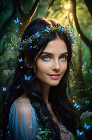 ilustratie generata AI, printesa zambitoare, imbracata in rochie albastra de voal, cu coronita cu fluturi albastri, inconjurata de fluturi albastri in zbor, stand intr-o padure prin care razbat razele soarelui