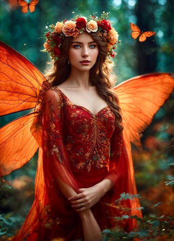 ilustratie generata AI, zana cu aripi portocalii de fluture imbracata in rochie rosie de voal cu ornamente de flori pe piept, cu coronita de flori rosii si portocalii, stand ganditoare intr-un colt de natura in timp ce in jurul ei roiesc fluturi portocalii