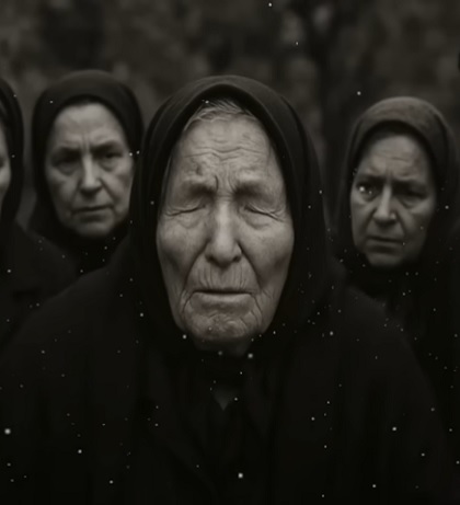 imagine alb-negru, captura YouTube Baba Vanga inconjurata de femei imbracata in culori inchise, cu basma pe cap