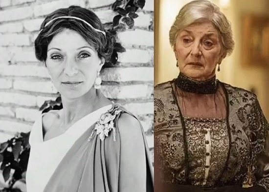 colaj imagini capturi video YouTube, imagine alb-negru Jane Lapotaire imbracata in rochie lunga, interpretand-o pe Cleopatra in productia TV Antoniu si Cleopatra si Jane Lapotaire in rochie de epoca in rolul printesei Irina Kuragin in productia Downton Abbey