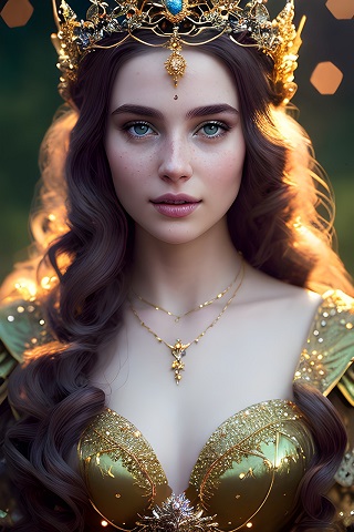 ilustratie, regina imbracata in rochie aurie decoltata, avand la gat lantisoare aurii si pe cap o coroana aurie cu piatra albastra, fiind inconjurata de luminite aurii