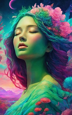 ilustratie generata AI, femeie tanara, frumoasa, imbracata in tinuta verde turcoaz, cu ornament de flori roz si turcoaz pe cap, cu parul in mai multe nuante de roz si de verde, in timp ce tine ochii inchisi intr-un cadru suprarealist, cu luna pe cer, fiind intr-o stare de visare sau meditand