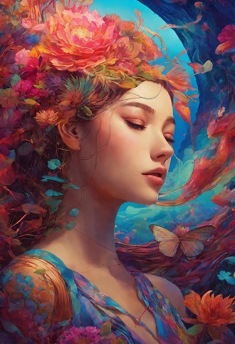ilustratie generata AI, cadru suprarealist, femeie tanara imbracata intr-o tinuta albastra cu fluturi colorati si flori, cu un ornament de flori pe cap, inconjurata de fluturi in timp ce tine ochii inchisi intr-o stare de visare