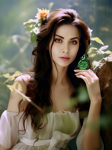 ilustratie generata AI, femeie tanara, frumoasa, imbracata in rochie alba cu umerii dezgoliti, avand pe una dintre maini un fluture verde cu negru si avand in par o floare portocaliu deschis, in timp ce se afla intr-un loc din padure, rezemandu-se cu un umar de o piatra