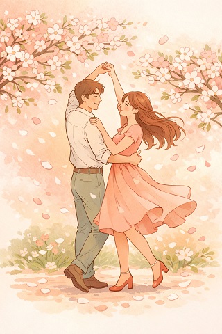 ilustratie, cuplu tanar care danseaza langa copaci cu flori roz primavara, partenera imbracata in rochie roz in clini si partener purtand camasa alba si pantaloni gri